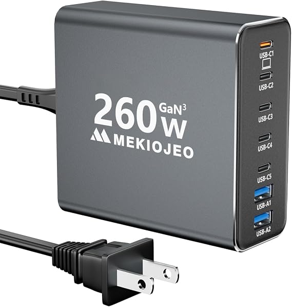MEKIOJEO Aluminum Alloy 260W USB C Charger GaN Fast USB C Charging Station