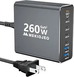 MEKIOJEO Aluminum Alloy 260W USB C Charger GaN Fast USB C Charging Station