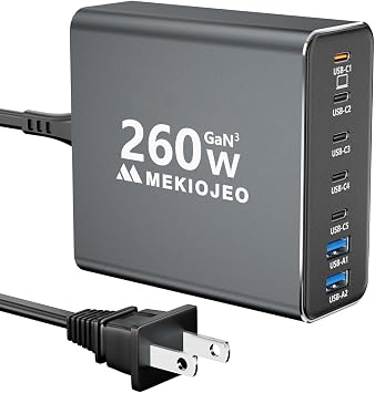 MEKIOJEO Aluminum Alloy 260W USB C Charger GaN Fast USB C Charging Station