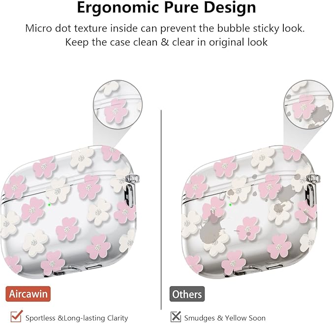 for Airpods Pro 3 Case Clear,Cute Pink Floral Design for Airpods Pro 3 Case Cover,Shockproof Soft TPU Skin Accessories with Girly Flower Keychain&Cleaning Pen for Women Girls-Crystal