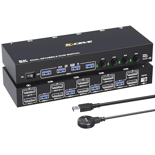 DP KVM Switch 4 Computers 2 Monitors, Reyoten Quad Computers KVM 8K@60Hz