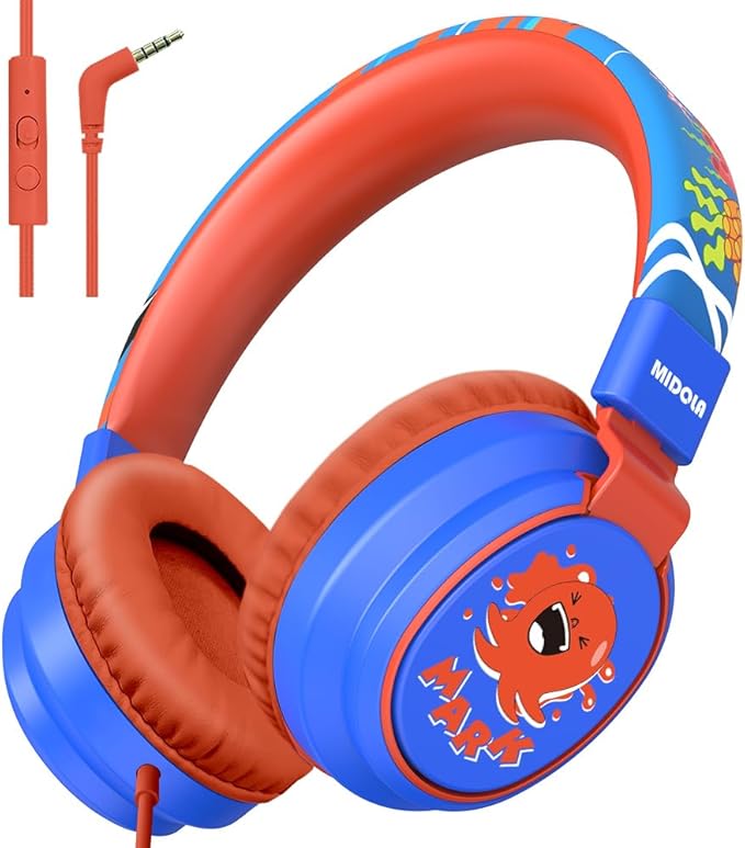 MIDOLA Kids Headphones Volume Limited 85/110dB for Over-Ear Foldable Sound Protection Headset with Mic Inline AUX 3.5mm Cord for Child School Travel Tablet Pad Notebook Cartoon Blue
