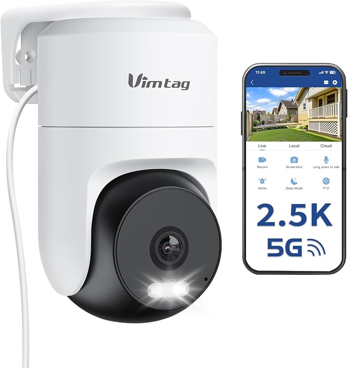 VIMTAG Pan/Tilt Outdoor Security Camera, 2.5K 4MP WiFi Home CCTV Camera, 360° View & Motion Tracking, Color Night Vision, 2-Way Audio, AI Detection Alarm, IP66, Cloud & SD Card Storage, Works w/Alexa