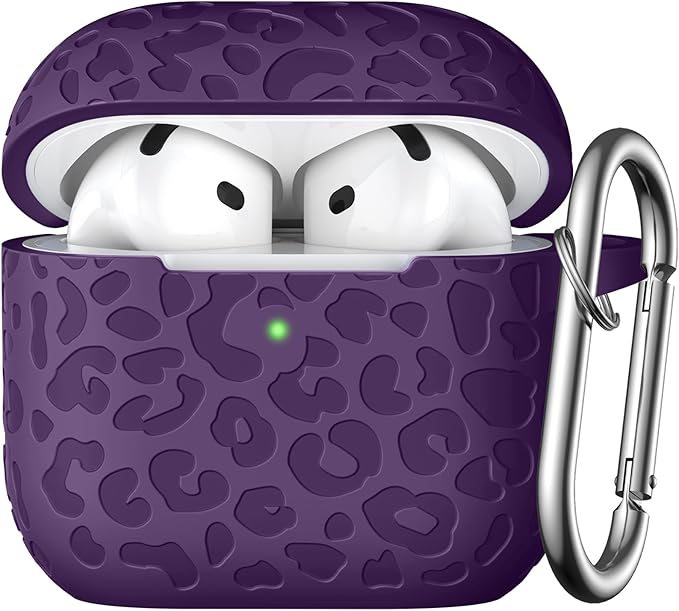 Leopard Engraved for AirPods 4 Case Cover 2024,Soft Silicone Protective Case Compatible with Apple AirPods 4th Generation Case for Women,Cute AirPod 4 Case Accessories with Keychain (Darkpurple)