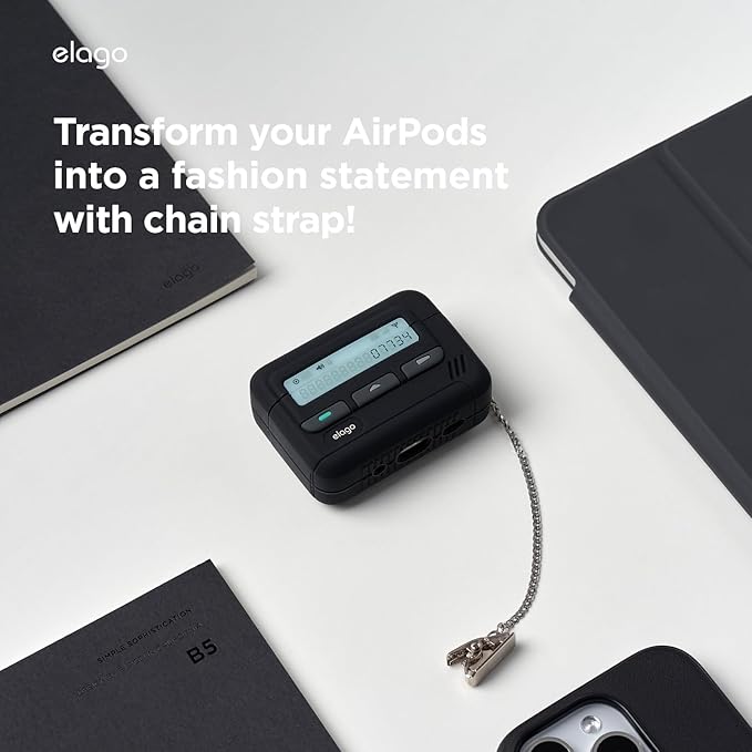elago Pager Case Compatible with AirPods Pro 2nd Generation Case Cover, Compatible with AirPods Pro 2 Case, Chain Strap Included, Shock Resistant, Full Protection, for Men, for Women (Black)