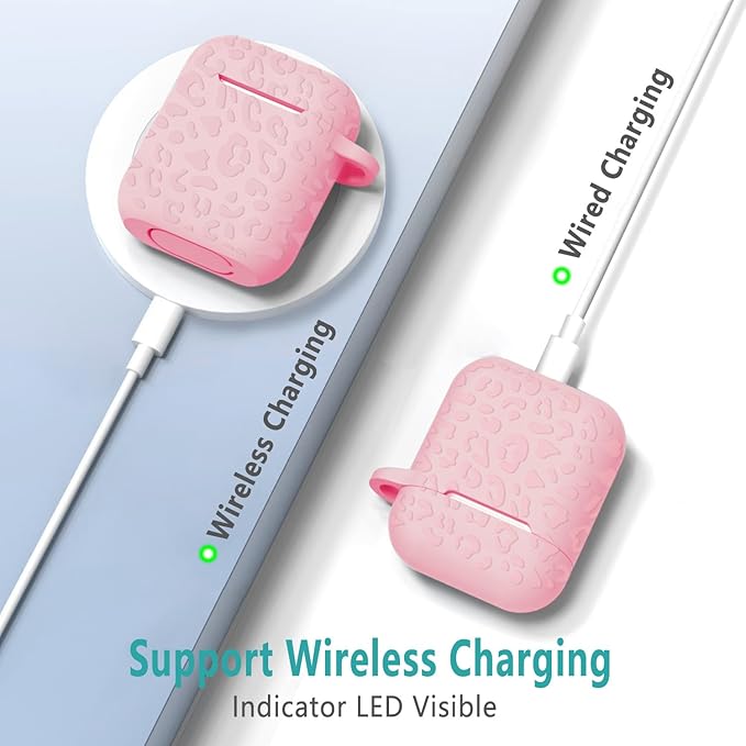 Compatible with Airpods Case Leopard Engraved Skin Cover Compatible with Airpods 2nd/1st Charging Case,Cute Soft Silicone Full Protective, Front LED Visible, Pink