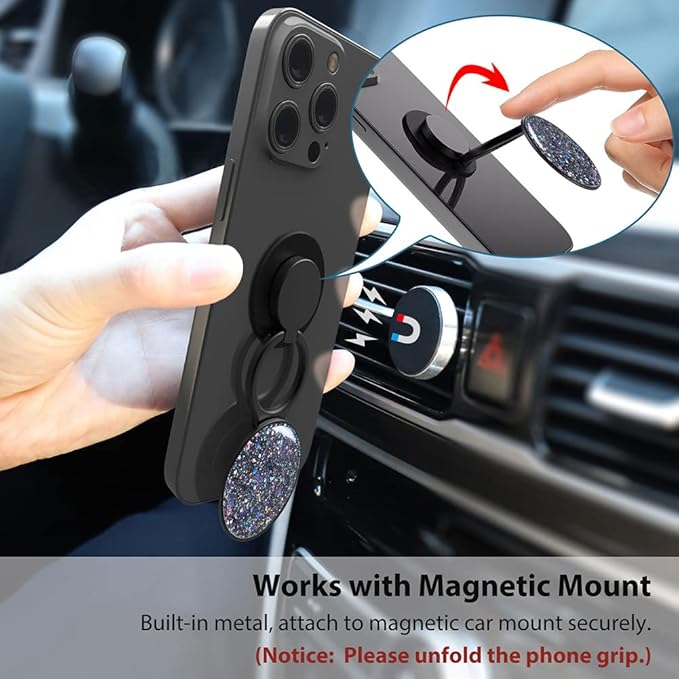 Phone Ring Holder, Phone Grip Holder Finger Kickstand, Foldable & Adjustable Metal Cell Phone Rings Gripper Stand Work with Magnetic Car Mount for iPhone Samsung & Other Phones - Sparkle Black
