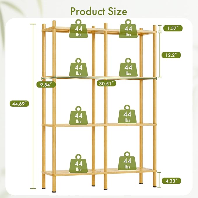 4 Tier Bookshelf, Bamboo Bookcase with Shelves, 8 Open Display Bookshelves Storage Organizer, Industrial Book Shelf Standing Shelf Unit for Bedroom, Living Room, Bathroom, Home Office