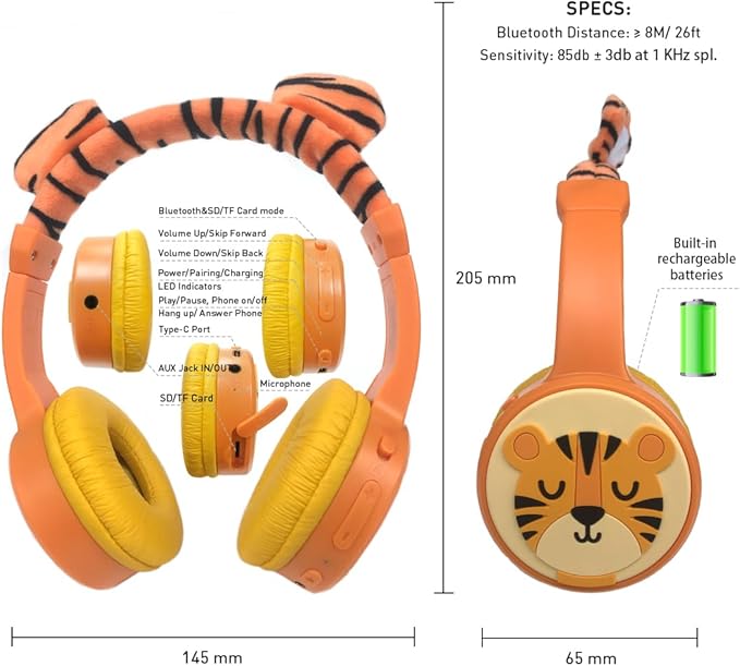 Kids Bluetooth Headphones, Wireless Headphone for Kids, 85dB Volume Limited, Built-in Mic, 3.5mm Aux Cord, Boys Girls Tiger Headset for School/Travel/Airplane