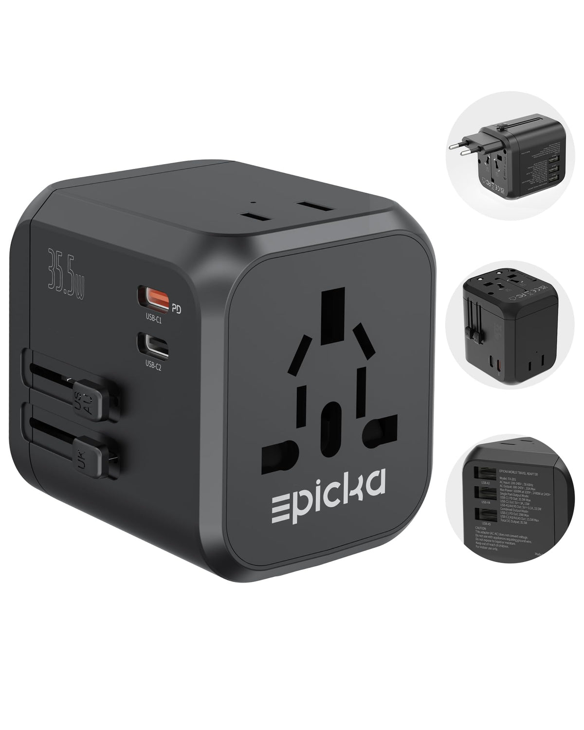 EPICKA PD 35W Universal Travel Adapter, 2AC/2USB-C/3USB-A