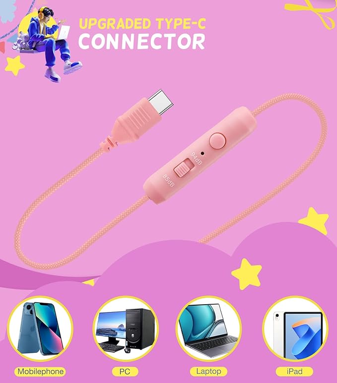 Kid Headphones for School, USB Type C Kids Headphone with LED Lights, Wired Boys Girls Headphones with Safe Limiter 85dB/94dB, Foldable On Ear Headphones with Microphones for Girls, Boys, iPad-Pink