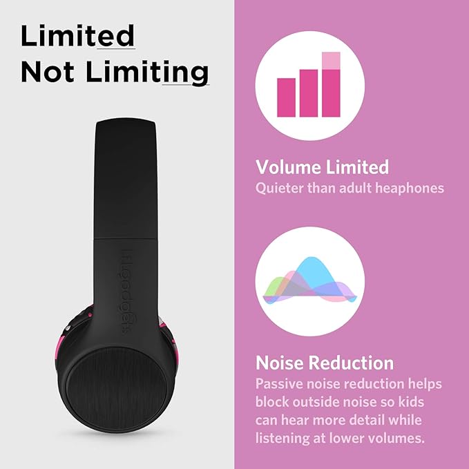 LilGadgets On-Ear Wired Headphones for Kids for School - Pink, Foldable On-Ear Design, 4 ft Braided Nylon Cable - Volume-Limiting & Noise Reduction, SharePort Technology & Kids Wired School Headphones