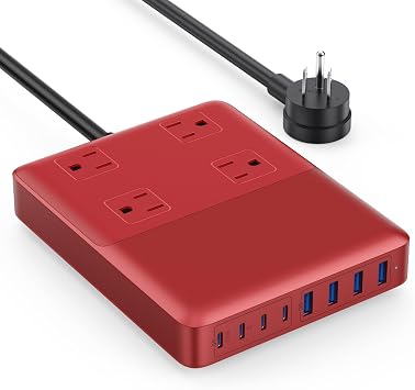 12-in-1 Charging Station USB C Power Strip with 5ft Cord,200W GaN IV USB C Charger Block,4 AC Outlets,8 USB for MacBook,iPhone 16/15/14,Fast Charging Desktop Charger for Office (Red)