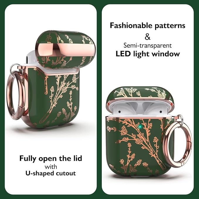 TATOFY Case Cover for AirPods 1&2, Elegant Cute Flower Patterns Protective Hard Case with Clip Keychain