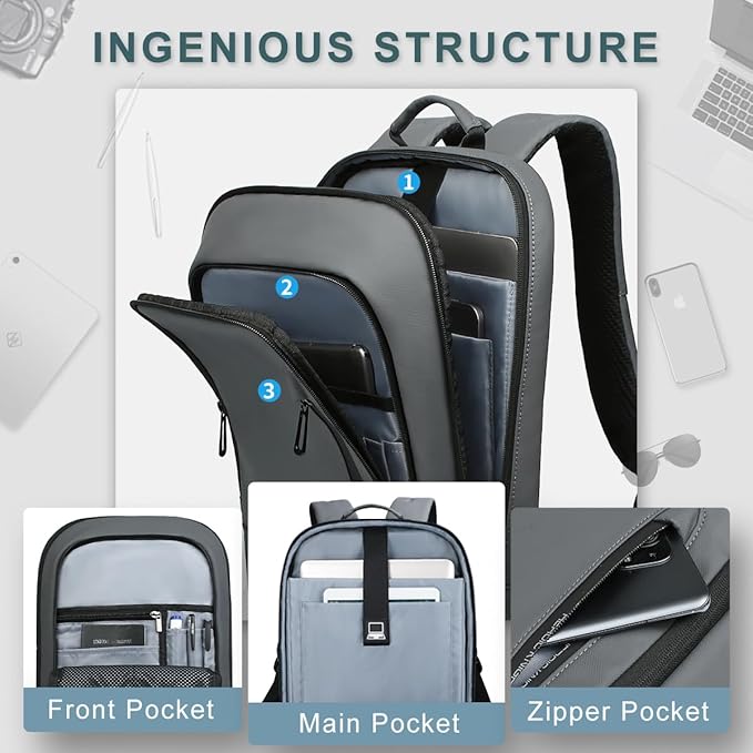 hk Backpack for Men Business Slim Backpack with USB Charger Computer Lightweight Anti-theft Travel (Dark Grey, 15.6 Inch)