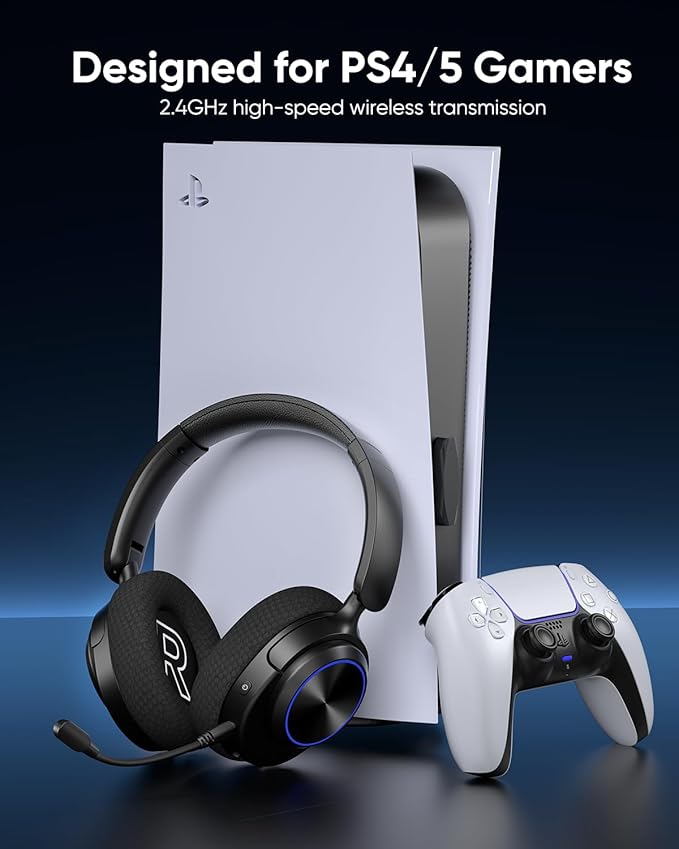 INGA Wireless Gaming Headset for PS5, PS4, PC, Mac, Switch, Game/Chat Balance for PS5/4, 2.4GHz/Bluetooth 5.2, ENC Noise-Cancelling Mic, 7.1 Surround Sound, 3.5mm Wired for Xbox Controller (Blue LED)