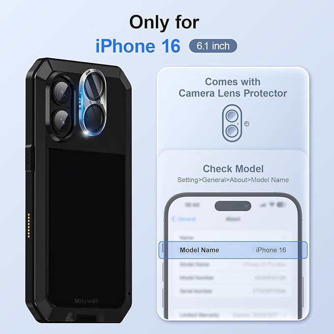 Mitywah Metal Case for iPhone 16, Heavy Duty Rugged Phone Case Built-in 9H Temperd Screen Protector, Military Grade Full Body Protective Dual Layer Bumper Protective Case for iPhone 16 6.1" Black
