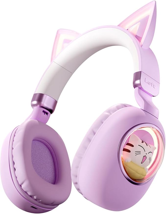Cat Ear Headset, Kids Headphone Volume Limited 85dB, Wireless Bluetooth Over-Ear Foldable Headphone with Built-in Mic for Girls in Travel School with Phone Pad Tablet Laptop PC PS4, Xbox