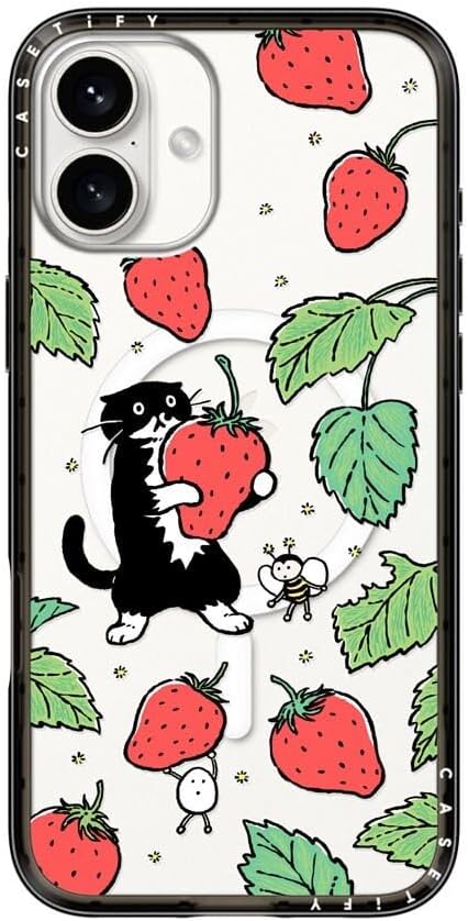 CASETiFY Compact iPhone 16 Plus Case [Slim and Sleek/Compatible with Magsafe / 4 ft. 2X Military Grade Drop Protection] - Strawberry and Mo - Clear Black