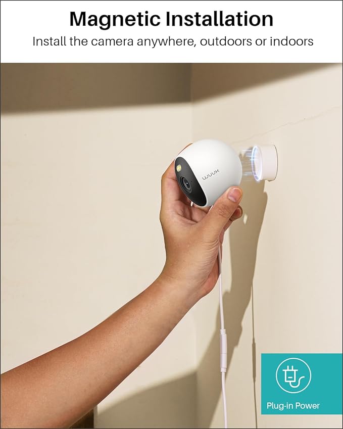 WUUK Security Camera, 4MP Indoor/Outdoor Wired Camera, Face Recognition, Color Night Vision & Spotlight, No Monthly Fee, Magnetic Mount, 2.4 GHz WiFi Only, Compatible with Amazon Alexa and Google Home