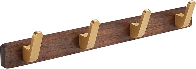 SARIHOSY] Wall Mounted Coat Rack,Multi Hook Hangers,Entryway Hanging Coat Rack,Metal Wood Coat Rail with 4 Hooks，Walnut Wood,zinc Alloy,Bedroom,Bathroom,Foyer,Living Room,Metal Household Items