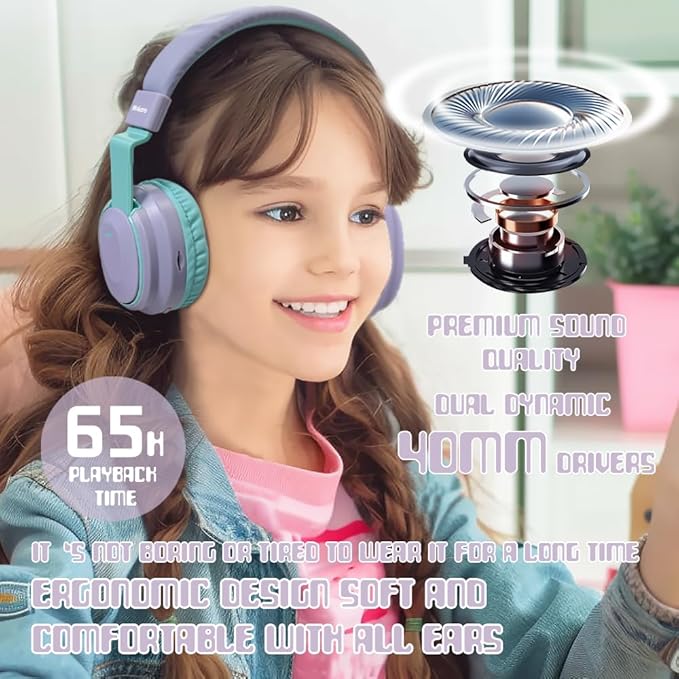 Kids Headphones Bluetooth 5.3 Wireless Lightweight Fast Charging 68 Hours Play Time Volume Limited 85/94dB Over Ear Foldable with Built-in Mic for Toddler Tablet Pad Light Purple