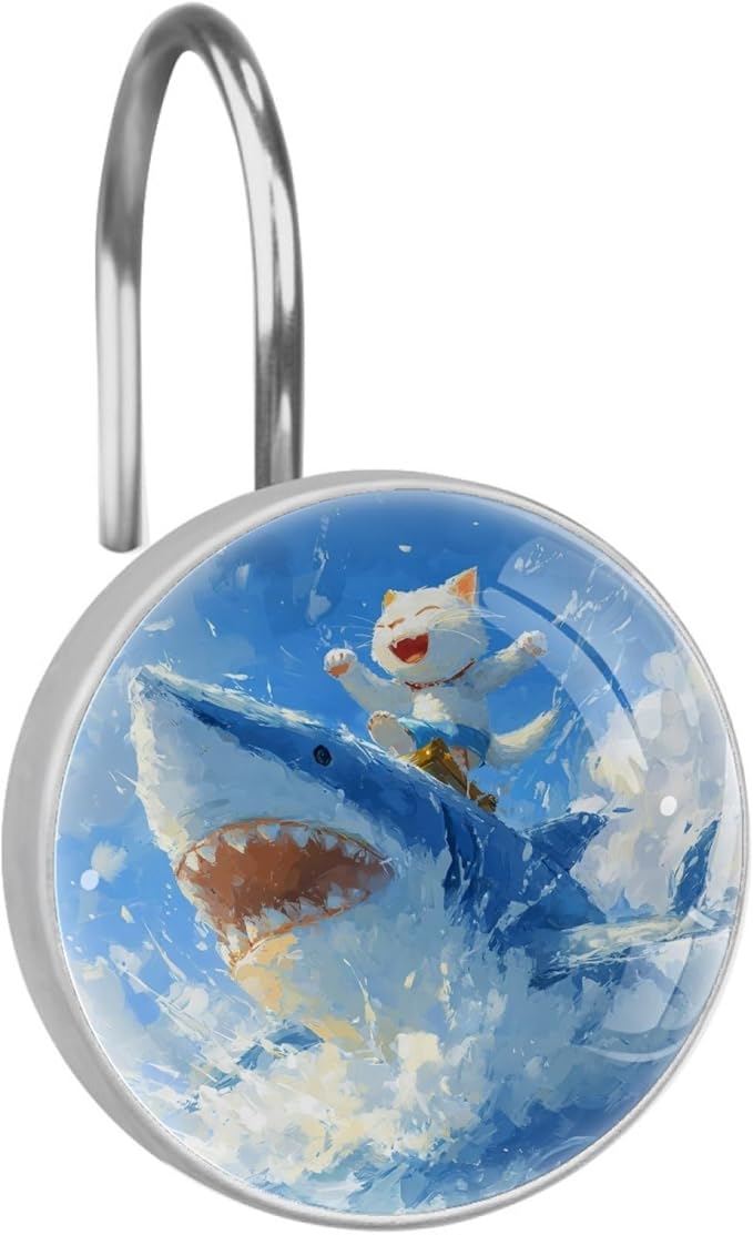 Cat Riding Shark Shower Curtain Hooks Rings, Stainless Steel Rust Proof Shower Curtain Hooks, Decorative Shower Hooks for Bathroom Shower Rods Curtains, Set of 12
