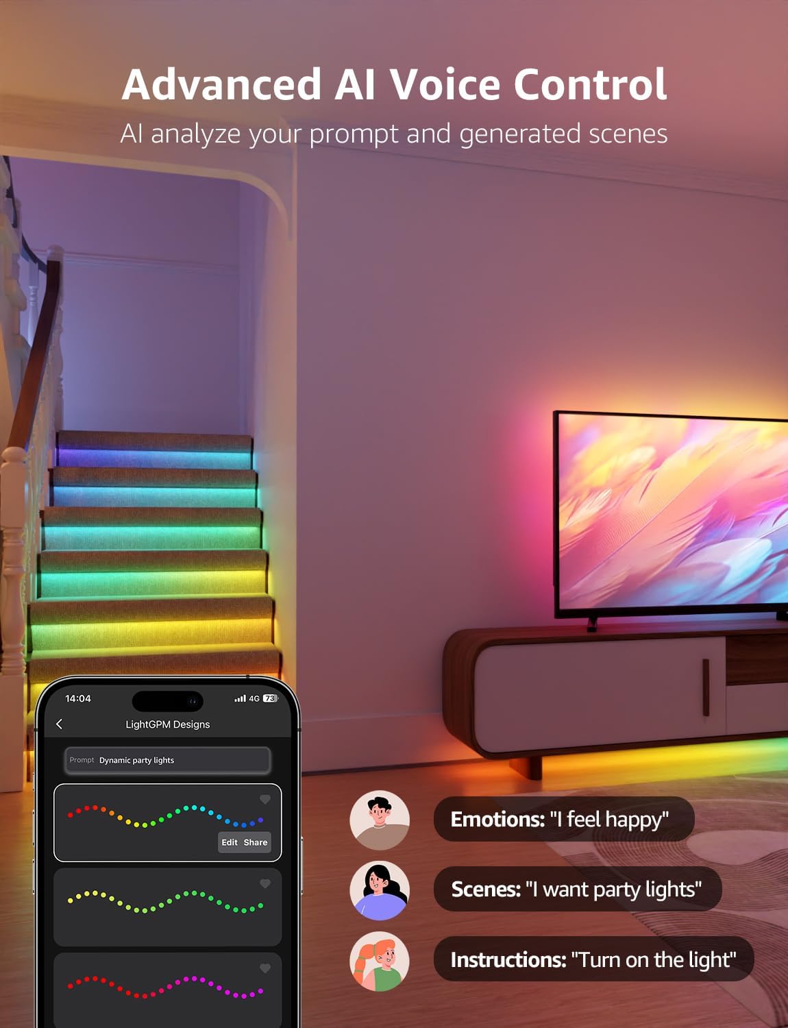 AI Smart LED Strip Lights 16.4ft RGBCW WiFi and Bluetooth App Control Color Segment DIY Personalized Lighting