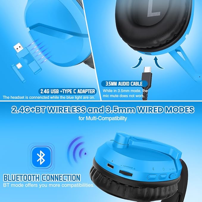 Wireless Gaming Headset with Noise Canceling Microphone for PS5, PC, PS4, 2.4G/Bluetooth Gaming Headphones with USB and Type-c Connector, Wired Mode for Controller - Blue