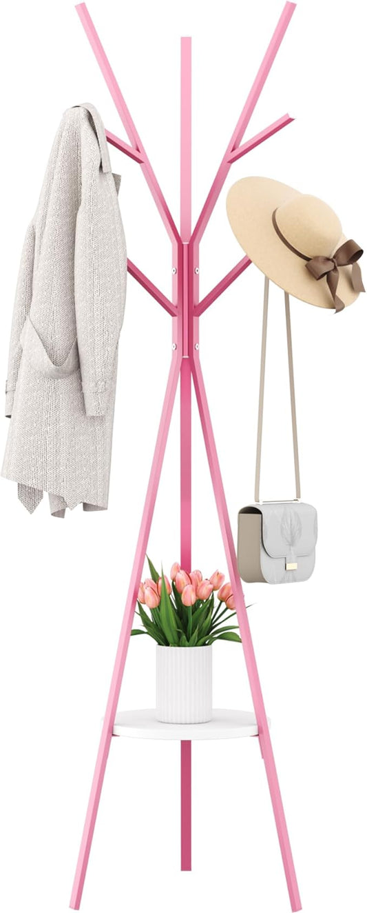HOME BI Coat Rack Hat Stand Free Standing Display Hall Tree Metal Hat Hanger Garment Storage Holder with 9 Hooks for Clothes Hats and Scarves (Pink)