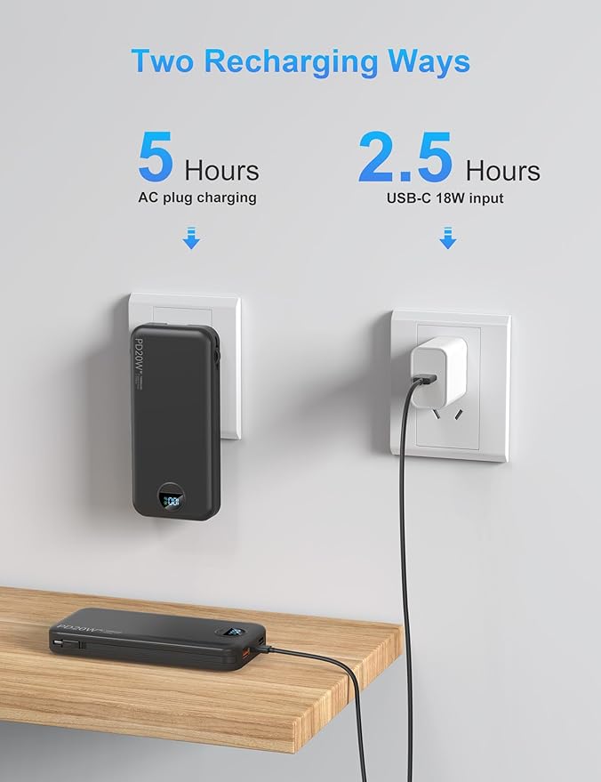 Portable Charger with Wall Plug, 10000mAh USB C Power Bank Fast Charging, External Battery Pack with Built in Cables, Digital Display, 5 Output 4 Input for iPhone Android Cell Phone Tablet