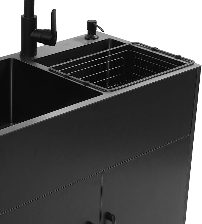 30-Inch Laundry Sink Cabinet with Stainless Steel Sink and Pull-Out Sprayer Faucet, Freestanding Deep Utility Sink with Cabinet Utility Tub for Bathroom Laundry Room Kitchen (Black)