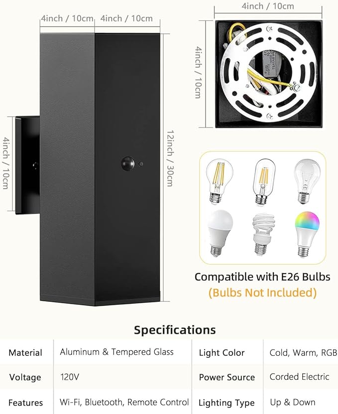 KIZON Motion Sensor Outdoor Lights, Modern Outdoor Sconce Light Wall Mount, Black Motion Detector Lights for Outside, Aluminum Up and Down Light for House Porch Front Door