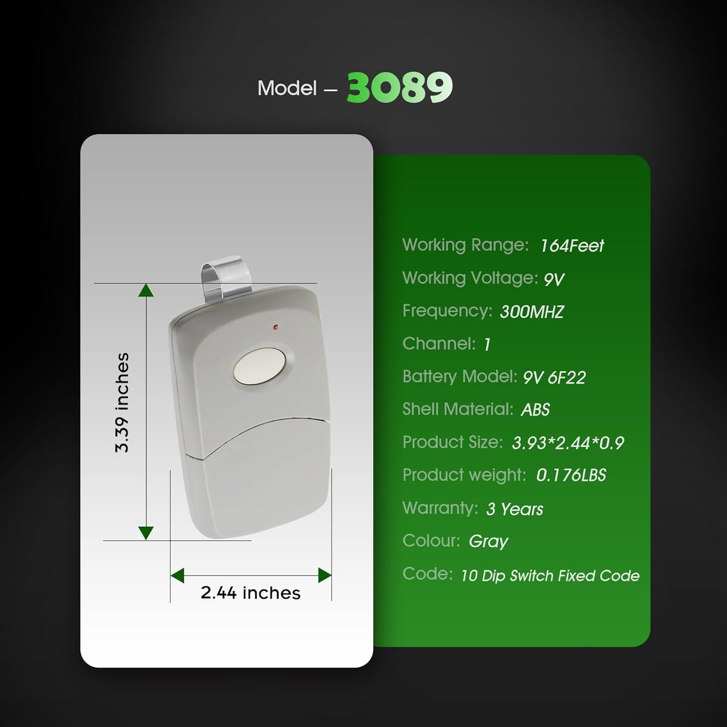 Multicode Gate Opener Remote 3-Pack – 300MHz, 164ft Range, FCC Certified, 3-Year Warranty