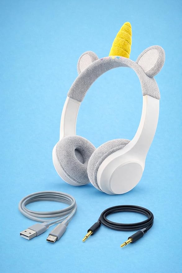 Kids Wireless Bluetooth Headphones Unicorn – Over-Ear Headset for Children, 85dB Volume Limit, Soft Earmuffs, Adjustable Headband, White & Gray