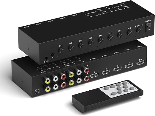 ZUZONG 4 AV to HDMI Converter + 4 HDMI2.0 Switcher(2 in 1) 4 Way RCA Composite to HDMI Adapter Support 4:3/16:9 Switching for N64 NGC WII Xbox PS2/3/4/5 DVD Xbox Series/ONE Switch/OLED