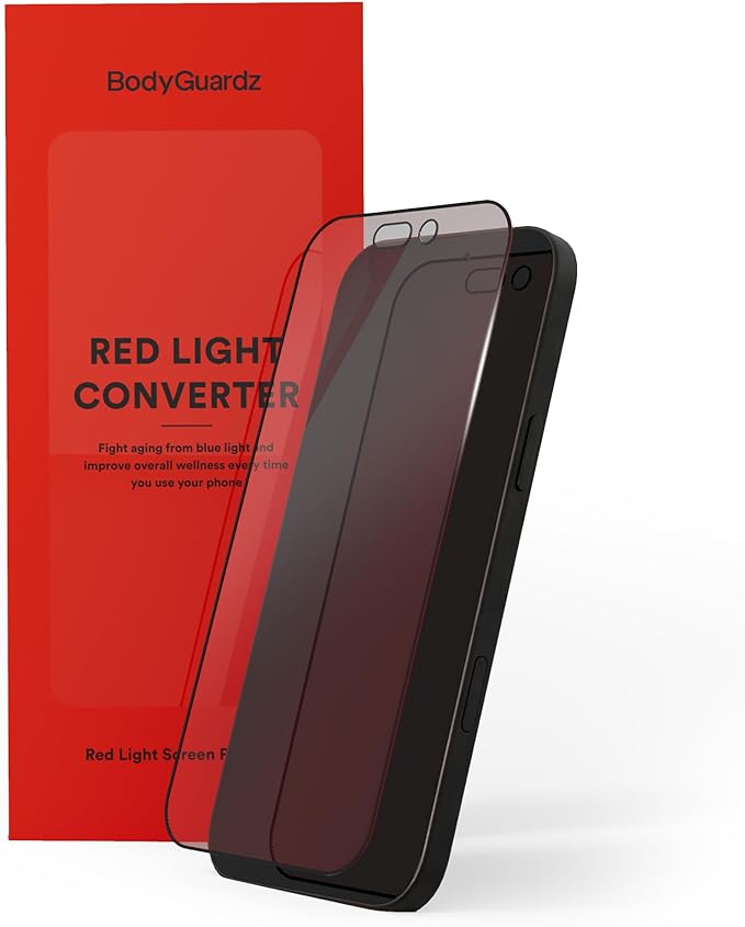 BodyGuardz Red Light Converter Screen Protector – Passive Red Light Therapy for Face - Promotes Better Sleep, Healthier Skin, Reduced Eye Strain – 9H Tempered Glass, Easy Install (iPhone 16 Plus/15 Plus)