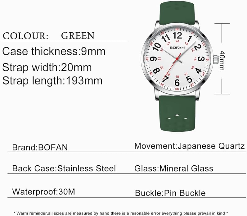 BOFAN Nurse Watch for Medical Professionals,Students,Doctors with Easy to Read Dial,Second Hand and 24 Hour,Soft and Breathable Silicone Band,Water Resistant