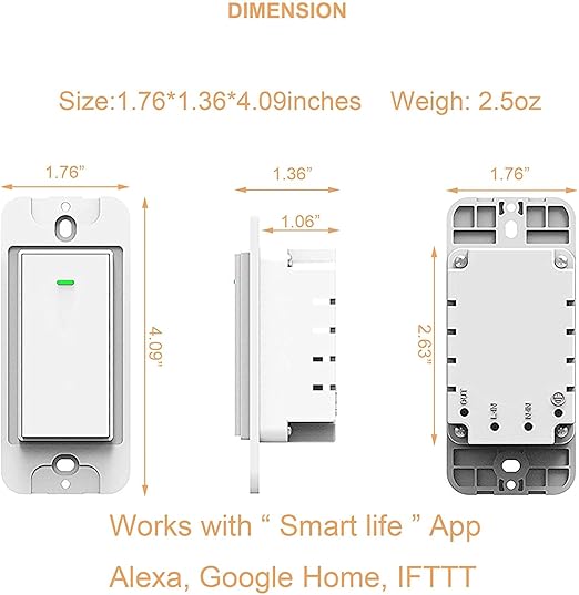 Smart Light Switch, Compatible with Alexa, Google Home No Hub Required, Smart Home WiFi Wireless Fit for 1/2/3/4 Gang Switch Box, Neutral Wire Need Micmi MK36, Smart Light Switch