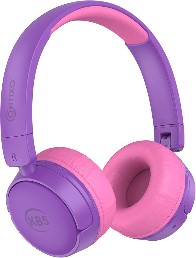 Contixo KB5 Kids Bluetooth Headphones - Wireless Over-Ear Foldable Headphones with Volume Limiter (85dB), Built-in Microphone, Adjustable & Comfortable Design for Boys & Girls - Purple + White