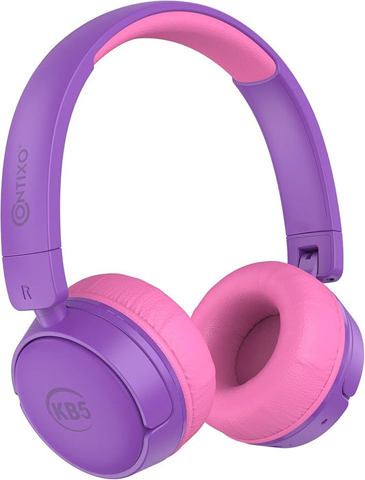 Contixo KB5 Kids Bluetooth Headphones - Wireless Over-Ear Foldable Headphones with Volume Limiter (85dB), Built-in Microphone, Adjustable & Comfortable Design for Boys & Girls - Purple + White