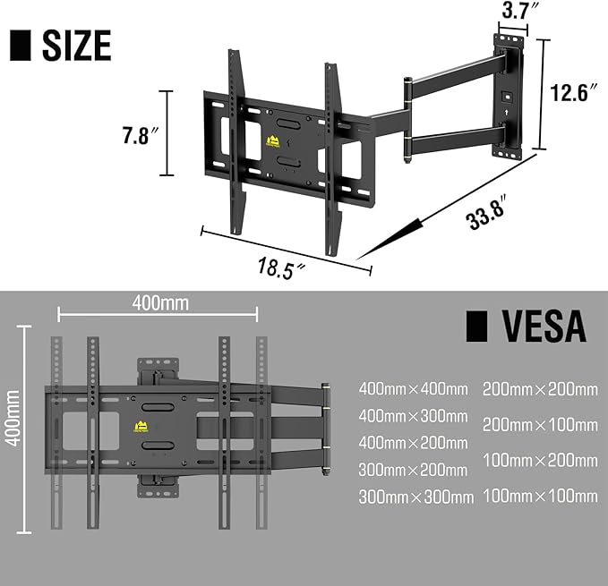 FORGING MOUNT Corner TV Wall Mount Long Arm TV Mount for 26"-65" TVs-Easy to Install Single Stud Design- 33" of Smooth Extension Plus Swivel,Tilt,Holds 99lbs,Universal Bracket Max VESA 400X400mm