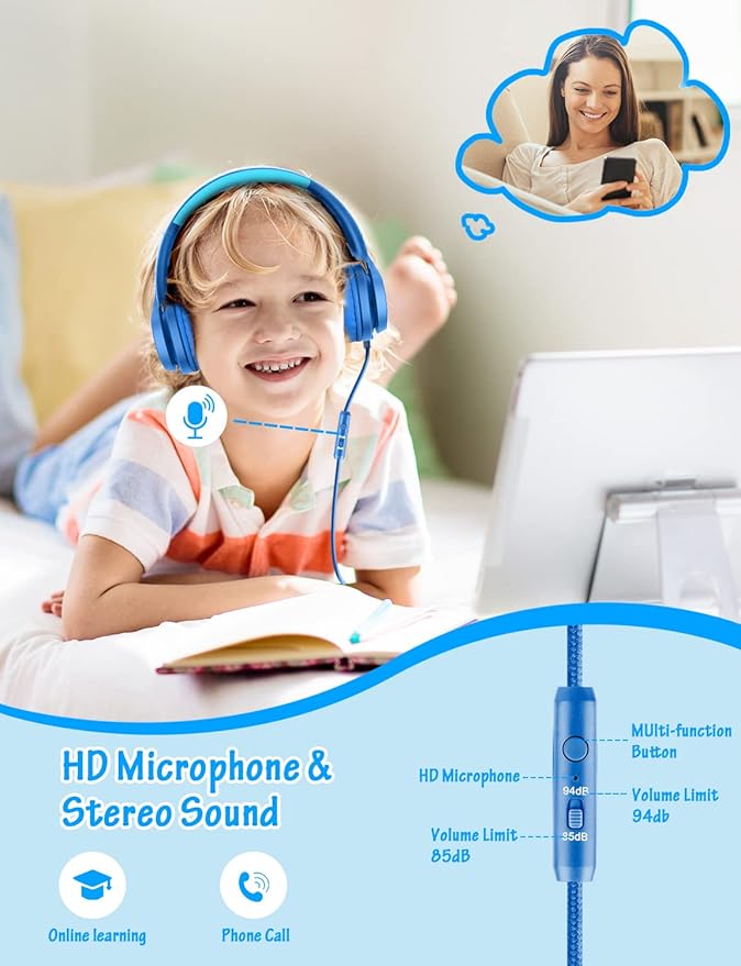 Kids Headphones with Microphone, Wired Over Ear Headsets with Limited Volume 85dB/ 94dB for Boys Girls Teens Children Online School/Travel/iPad/Tablet/Cellphone