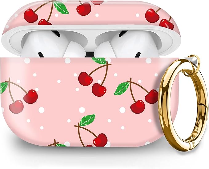Compatible with Airpod pro 2nd/1st Generation Case Cover with Gold Round Keychain Cute Pattern Hard & Anti Slip Cover for Men Women & Girls (Cute Cherry)