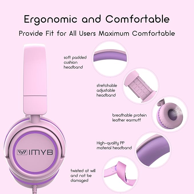 Kids Headphones, V1 Wired Stereo Foldable Tangle-Free 3.5mm Adjustable On-Ear Headphones for Kids for School/Toddlers/Childrens/Teens/Boys/Girls/Ipad/Tablet/Kindle/Phones/Travel/Plane (Pink)