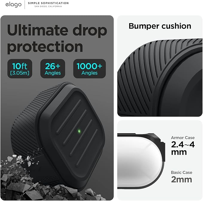 elago Armor Case Compatible with AirPods Pro 2nd Generation Case Cover - Compatible with AirPods Pro 2 Case, Lanyard Included, Supports Wireless Charging, Shock Resistant, Full Protection (Black)