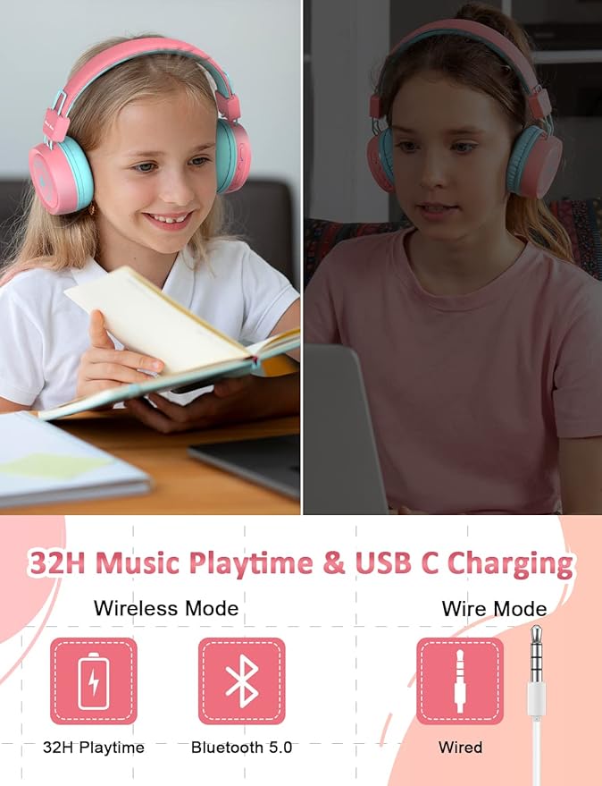 New Bee Kids Headphones Wired for School with Microphone KH20 HD Stereo Safe Volume Limited 85dB/94dB Foldable Lightweight for Girl/Mac/Android/Kindle/Tablet/Pad (Pink)
