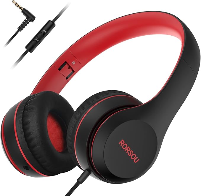 RORSOU K5 Kids Headphones with Microphone for shchool, Volume Limiter 85/94dB, Foldable Stereo Tangle-Free 3.5mm Jack Wired Cord On-Ear Headphones for Children/Boys/Girls/Kindle/Tablet/MP3/4 (Black)