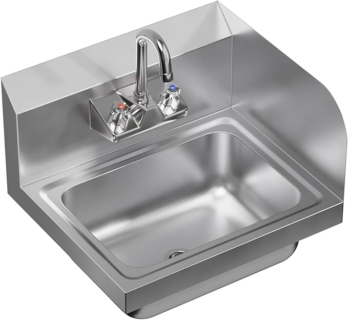 Stainless Steel Hand Sink with Right Side Splash Guard 15” x 17” | Commercial Wall Mount Hand Basin with Gooseneck Faucet, Strainer, Back Splash | NSF Certified