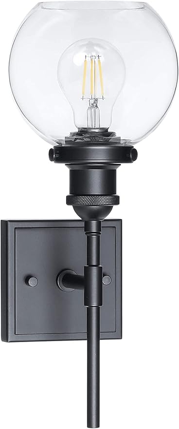 XiNBEi Lighting Black Wall Sconce, 1 Light Vanity Light Fixture with Globe Glass Modern Sconces Wall Lighting for Bathroom Mirror Bedroom Hallway XB-W1275-1-MB